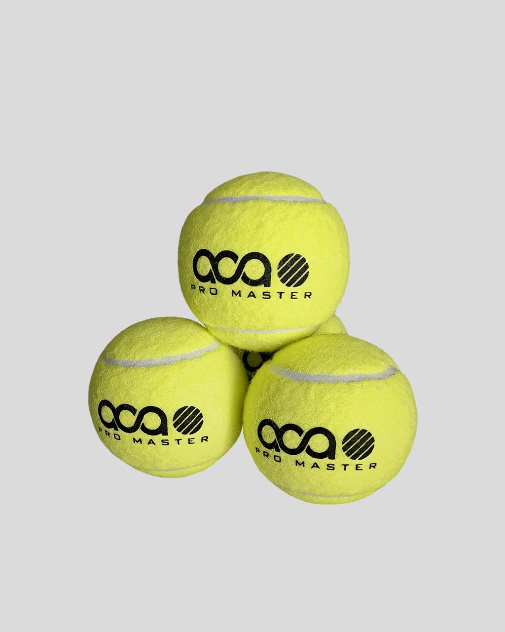 Three yellow tennis balls with 'OCA Pro Master' branding on a light gray background