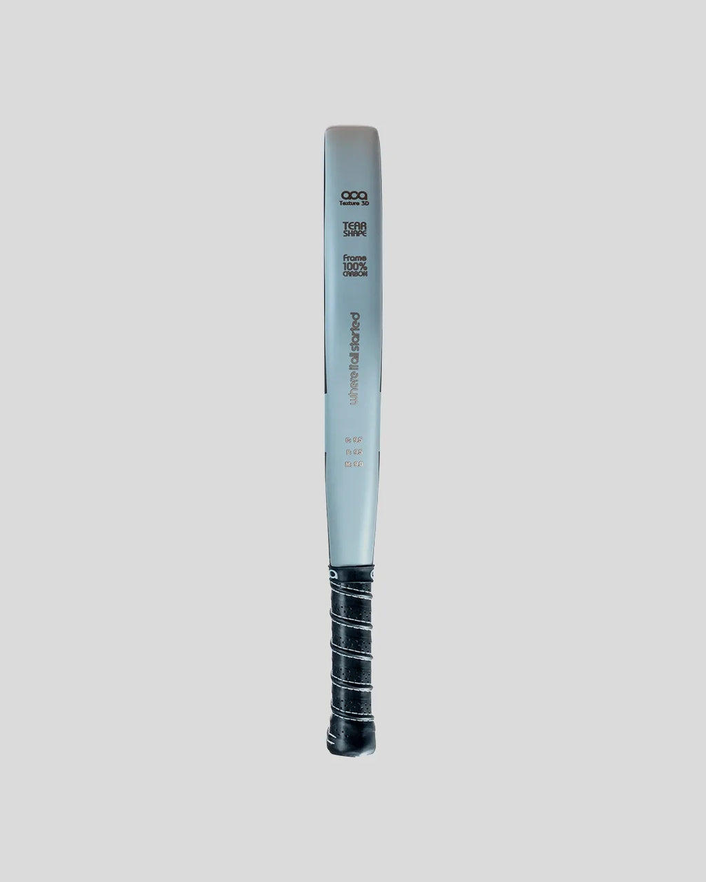 Padel racket with a black grip on a light gray background