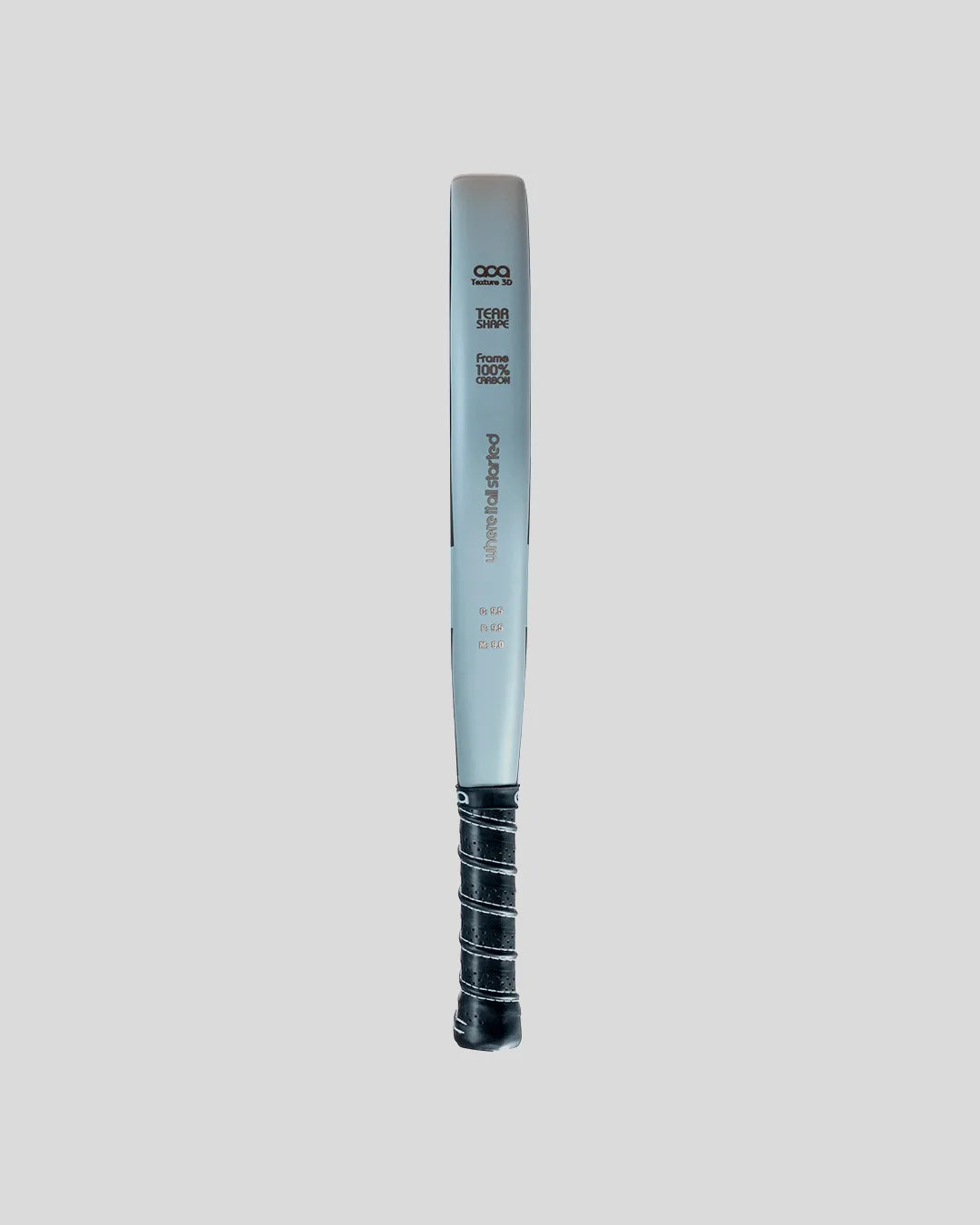 Padel racket with a black grip on a light gray background