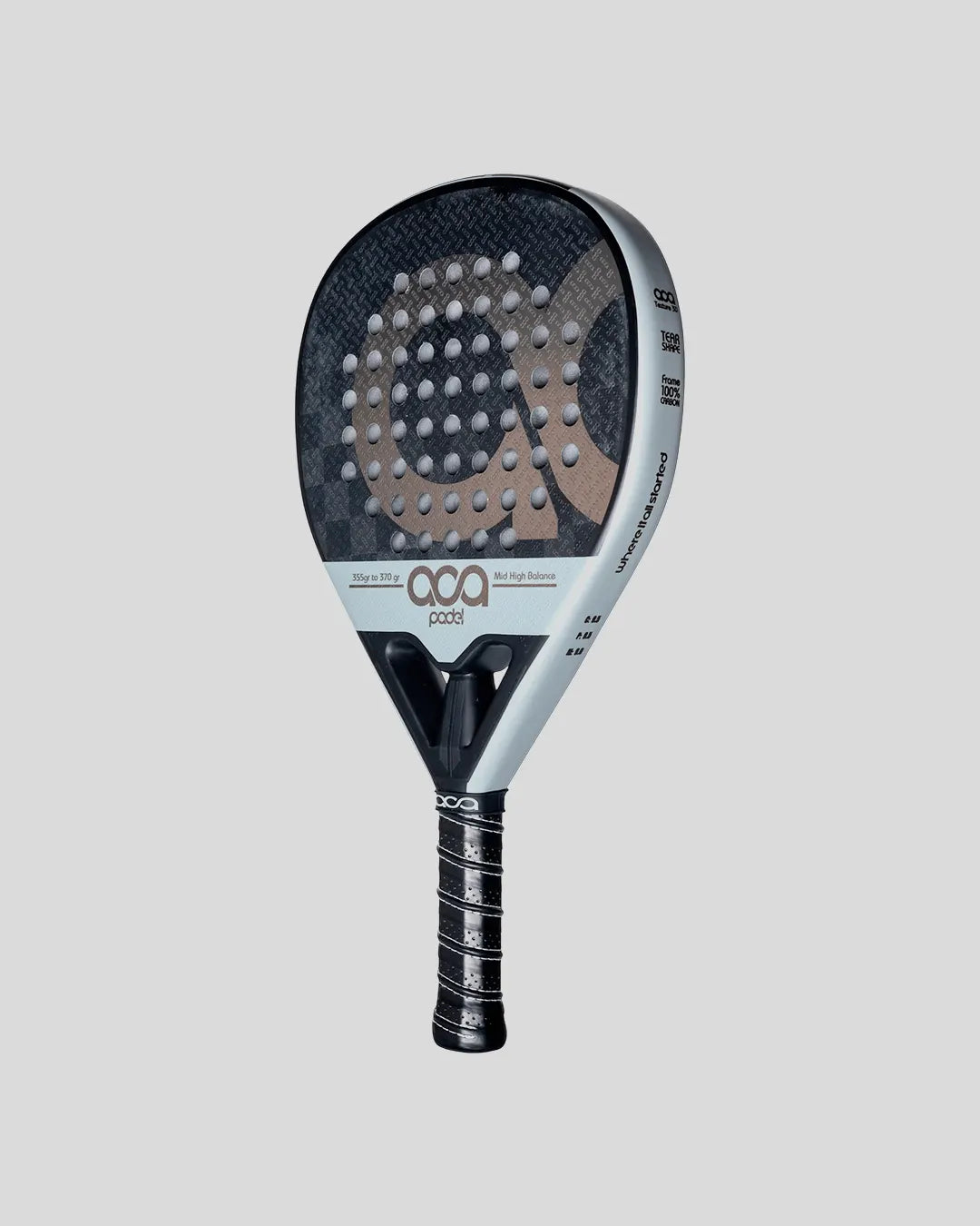 Padel racket with brand logo on a light gray background