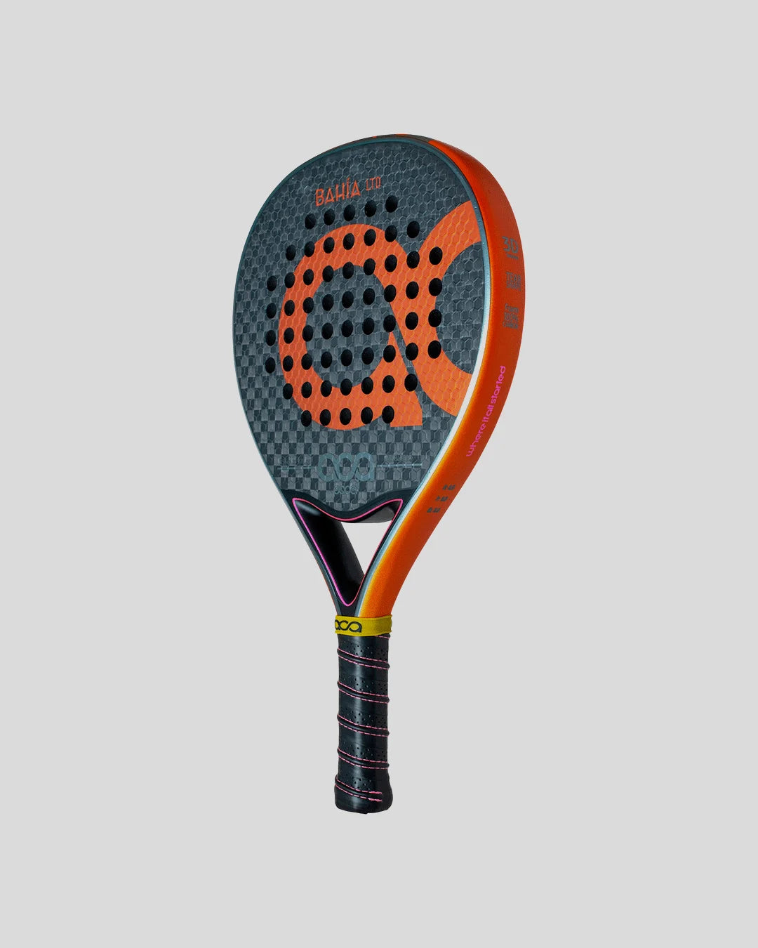 Padel racket with orange and black design on a gray background