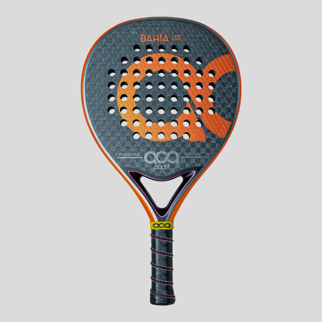 Padel racket with orange and gray design on a light gray background