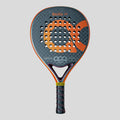 Padel racket with orange and gray design on a light gray background