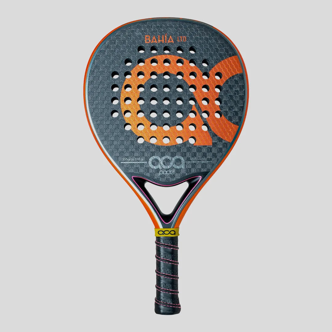 Padel racket with orange and gray design on a light gray background