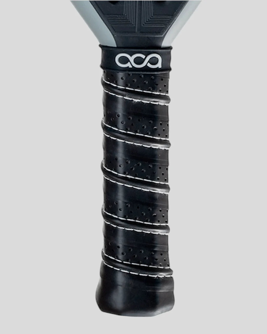 Close-up of a black padel grip with 'ACA' branding on a light gray background