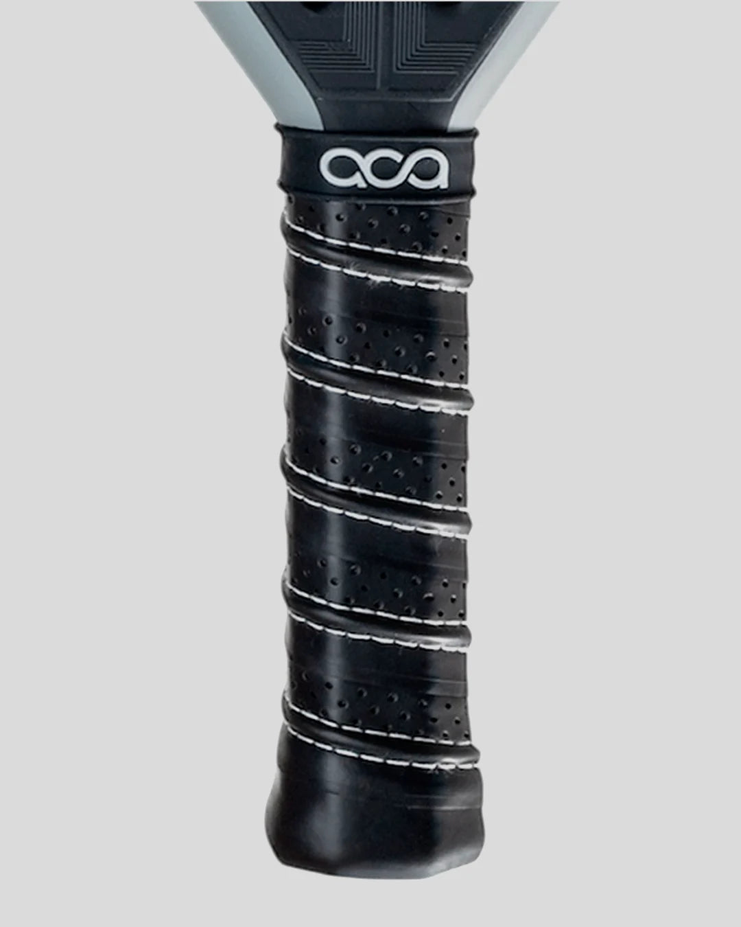Close-up of a black padel grip with 'ACA' branding on a light gray background