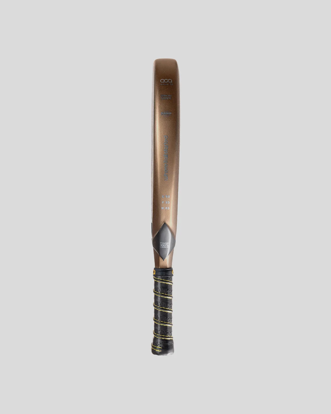 Golden padel racket with black and gold grip on a light gray background