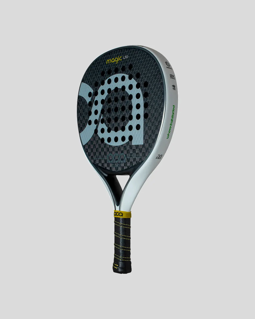 Padel with a black and gray design on a light gray background