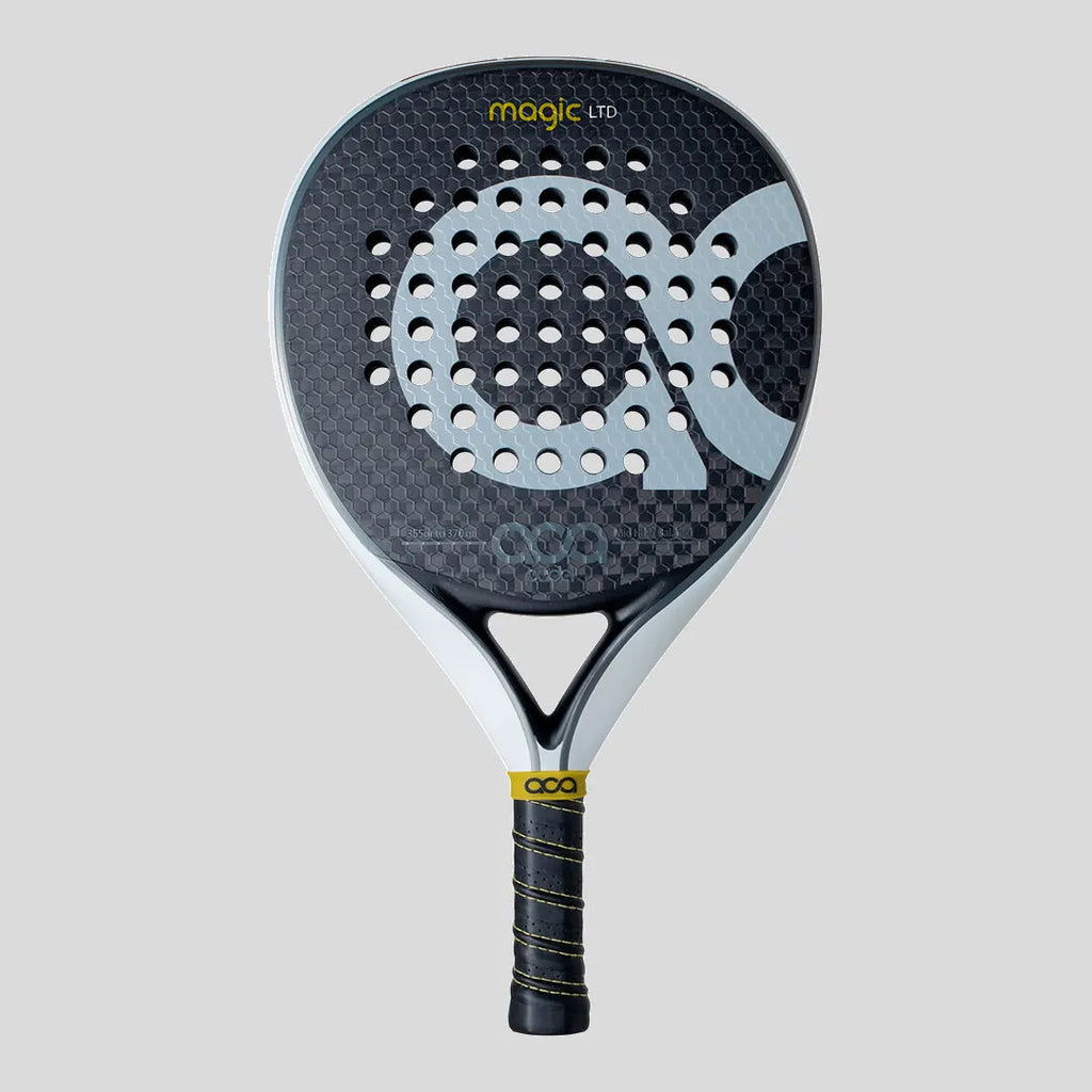 Padel racket with 'magic ltd' branding on a light gray background