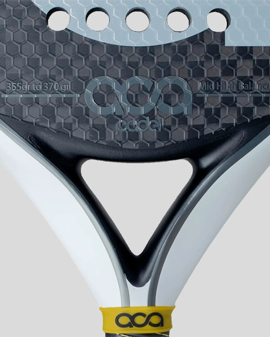 Close-up of a racket with 'ACA' branding on a light gray background
