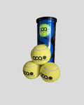 Three yellow tennis balls with a blue canister labeled 'oca' on a light gray background