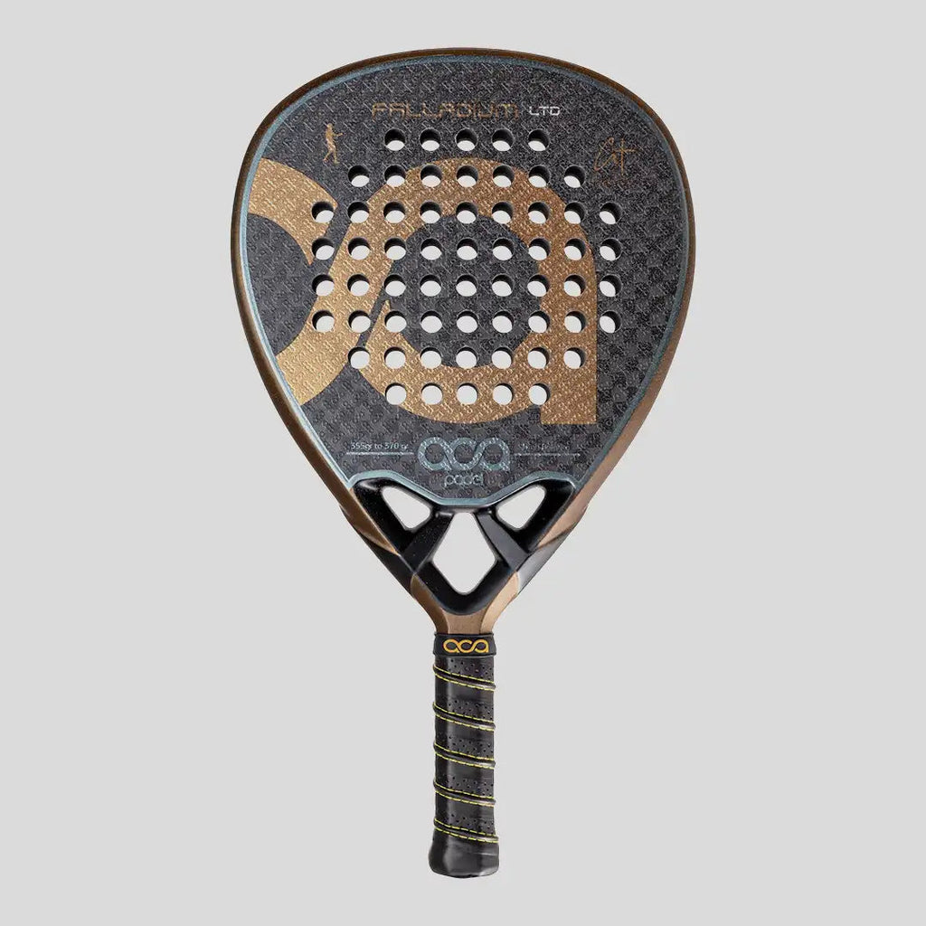 Padel racket with brand logo on a gray background
