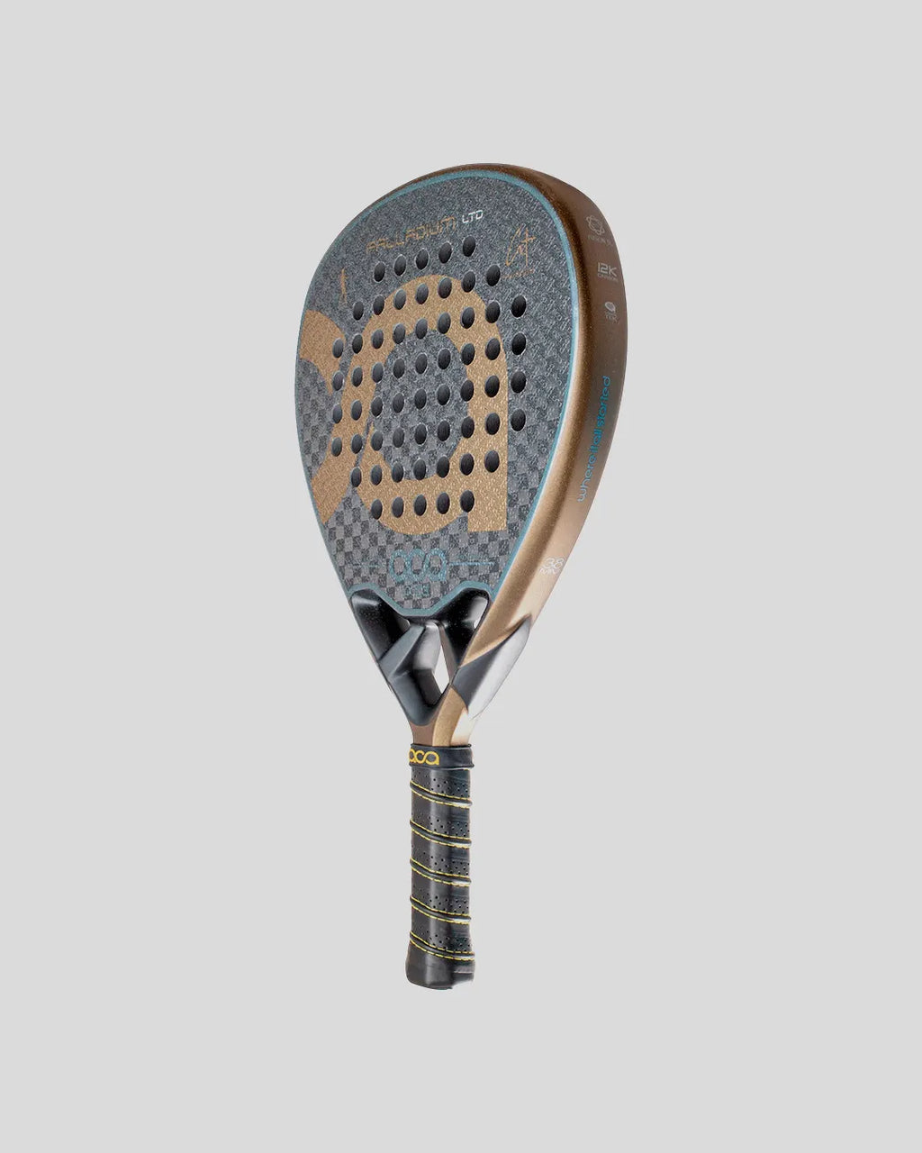 Padel with textured surface and brand logo on a light gray background