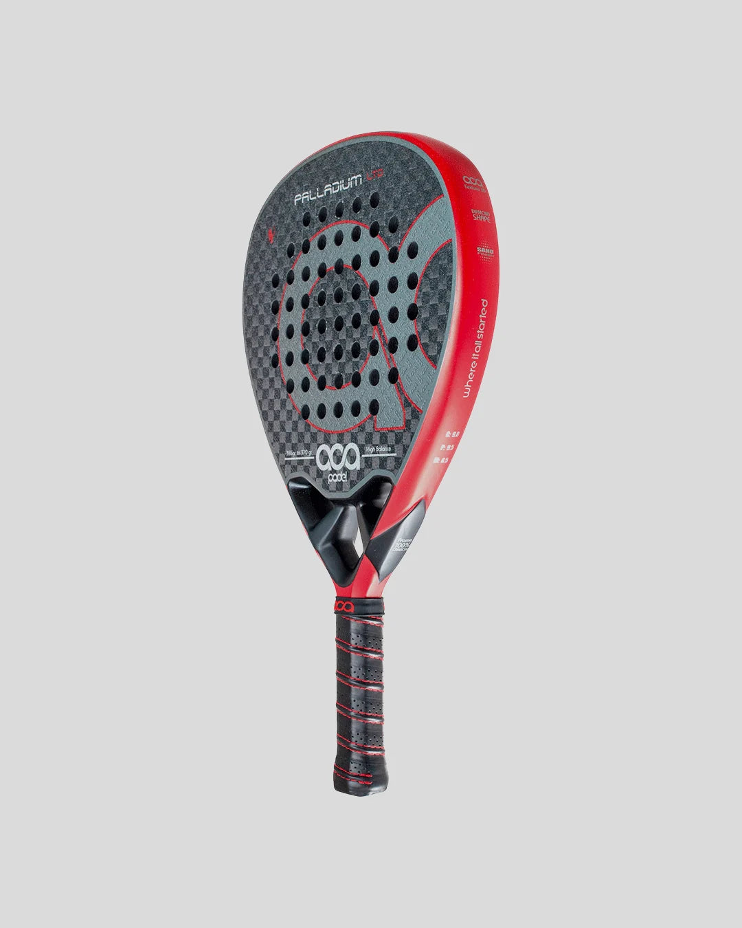 Padel racket with red and black design on a gray background