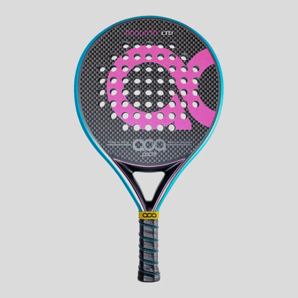 Padel racket with pink and black design on a gray background