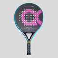 Padel racket with pink and black design on a gray background