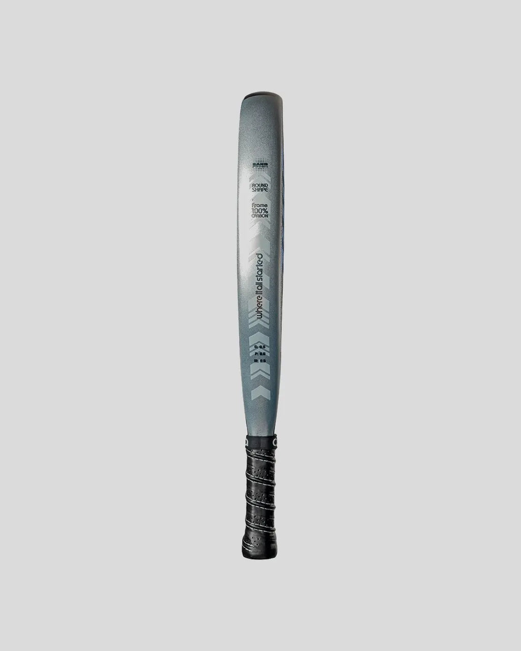Padel racket with black and gray design on a light gray background