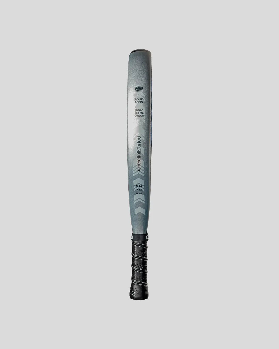 Padel racket with black and gray design on a light gray background