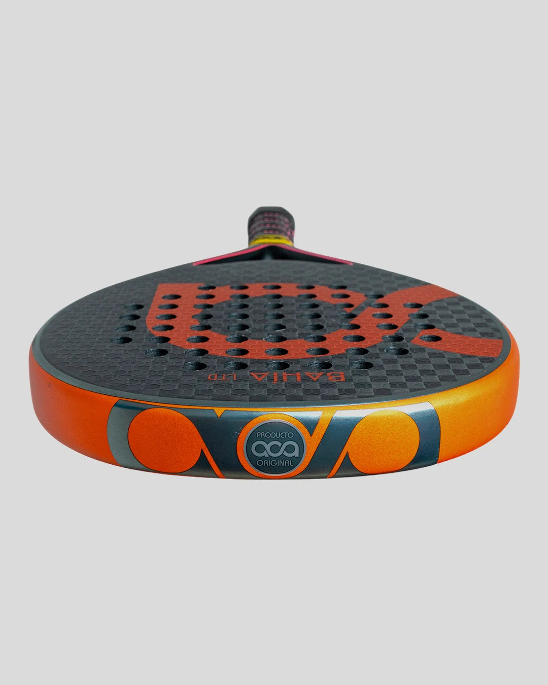 Orange and black sports padel on a light gray background