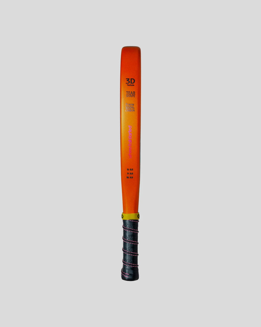 Orange padel racket with black grip on a light gray background