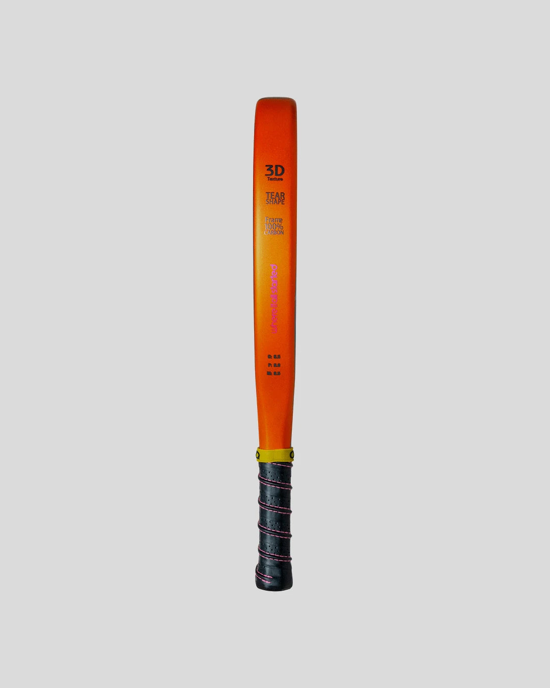 Orange padel racket with black grip on a light gray background