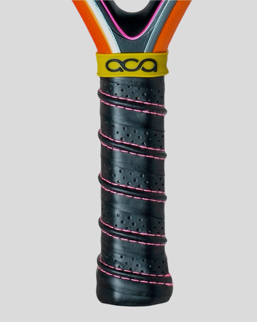 Close-up of a padel racket handle with a black grip and ACAbranding on a gray background