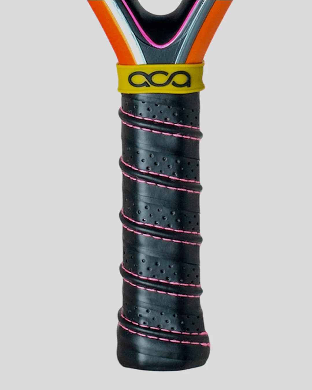 Close-up of a padel racket handle with a black grip and ACAbranding on a gray background