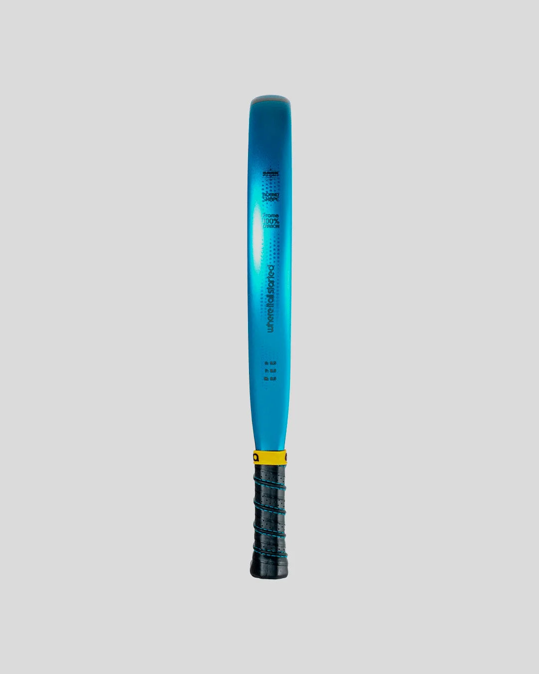 Blue padel racket with black grip on a light gray background