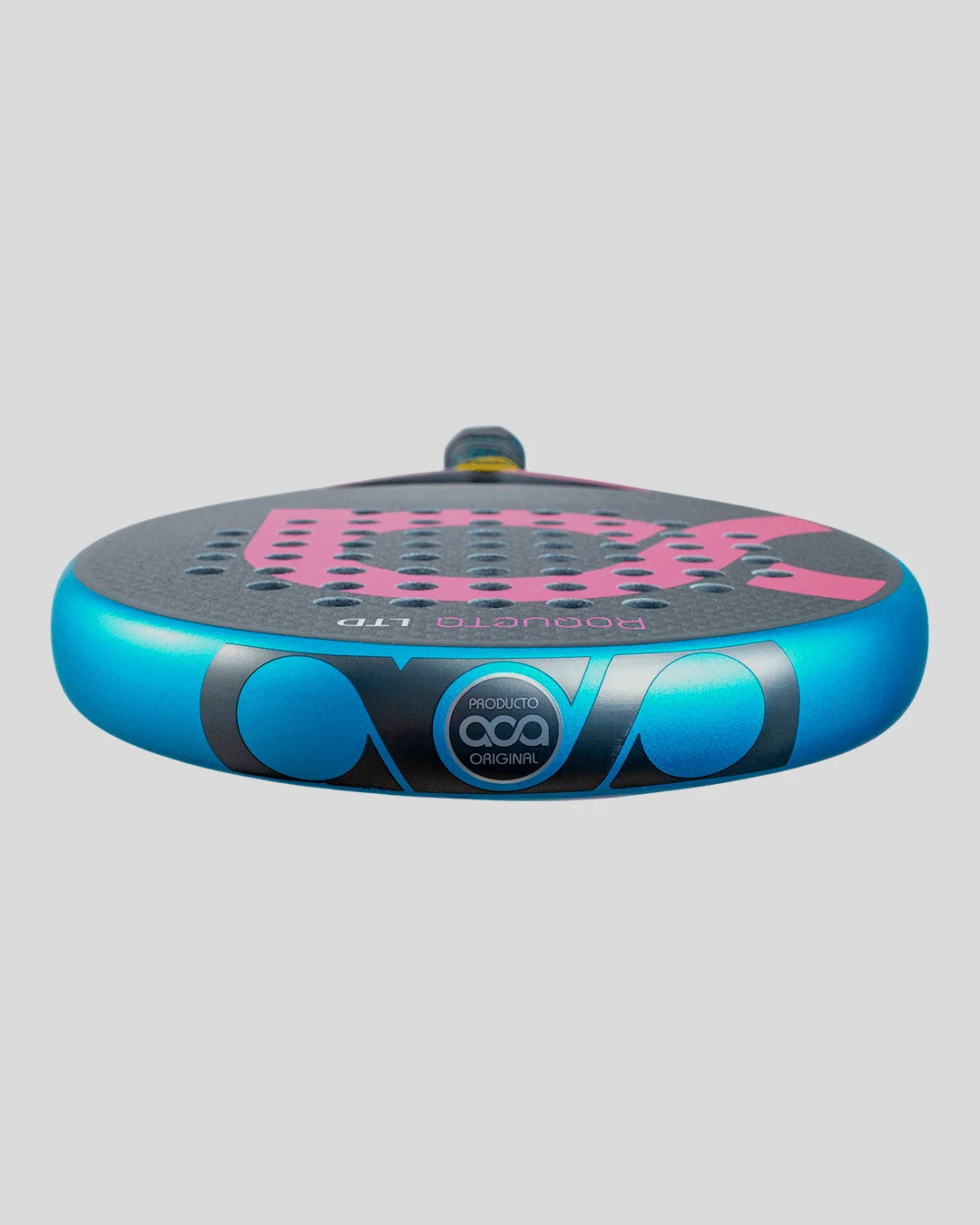 Blue and gray padel with pink text on a light gray background