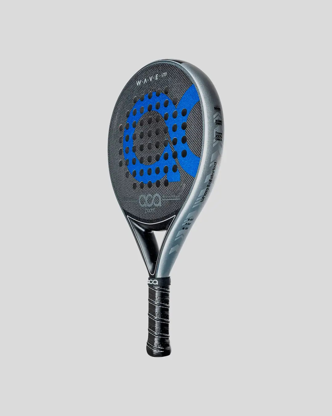 Padel racket with blue logo on a gray background