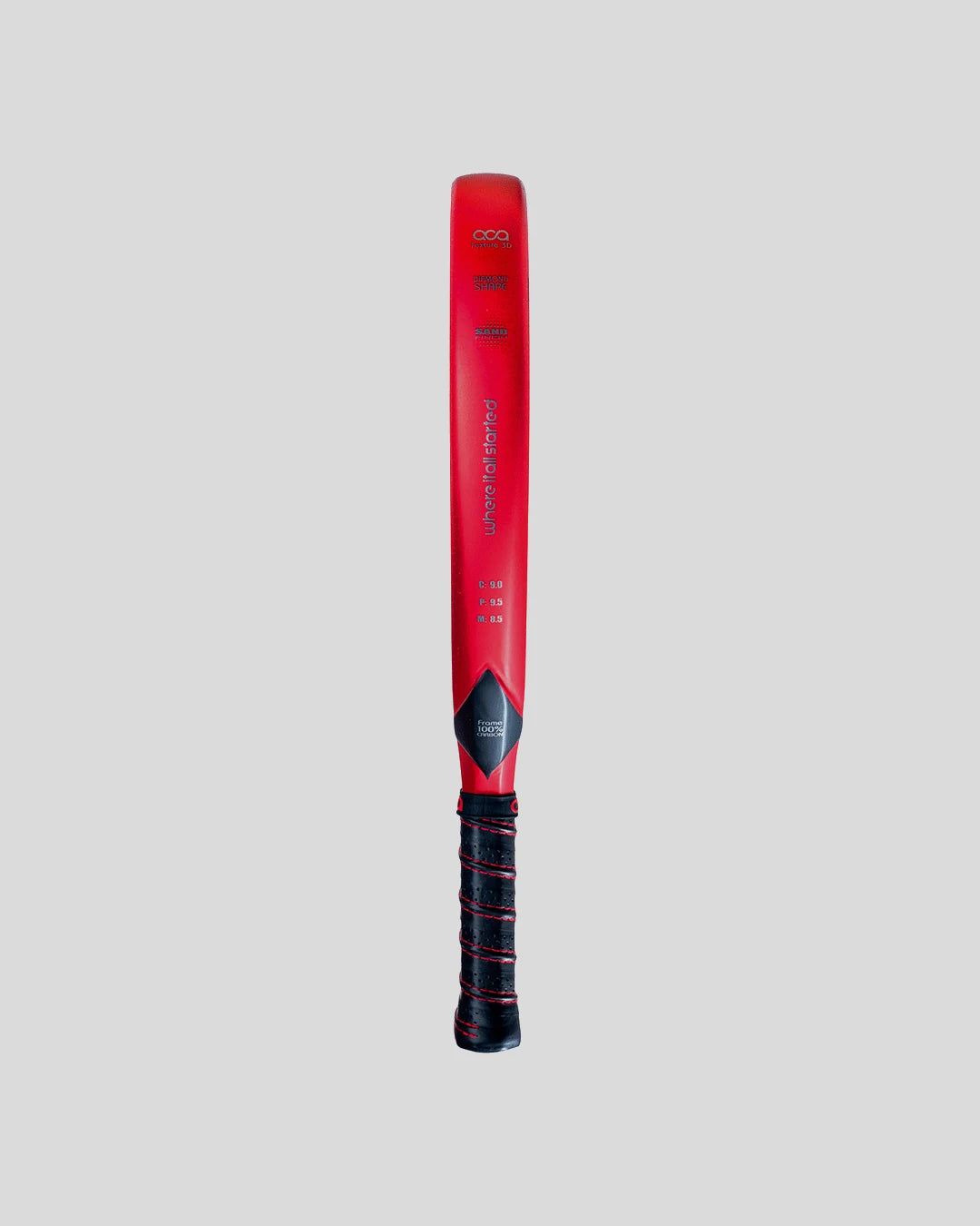 Red and black padel racket on a light gray background