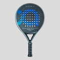 Padel racket with blue and gray design on a light gray background
