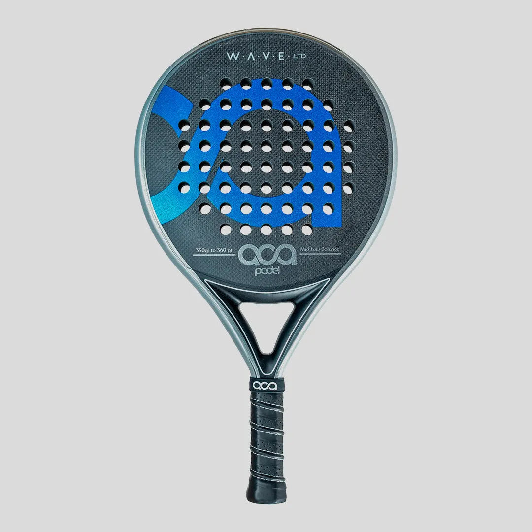 Padel racket with blue and gray design on a light gray background