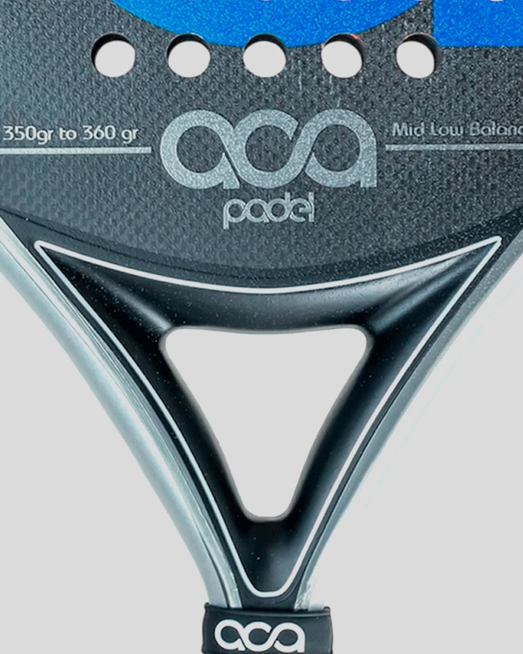 Close-up of a ACA Padel racket with branding and weight range details.